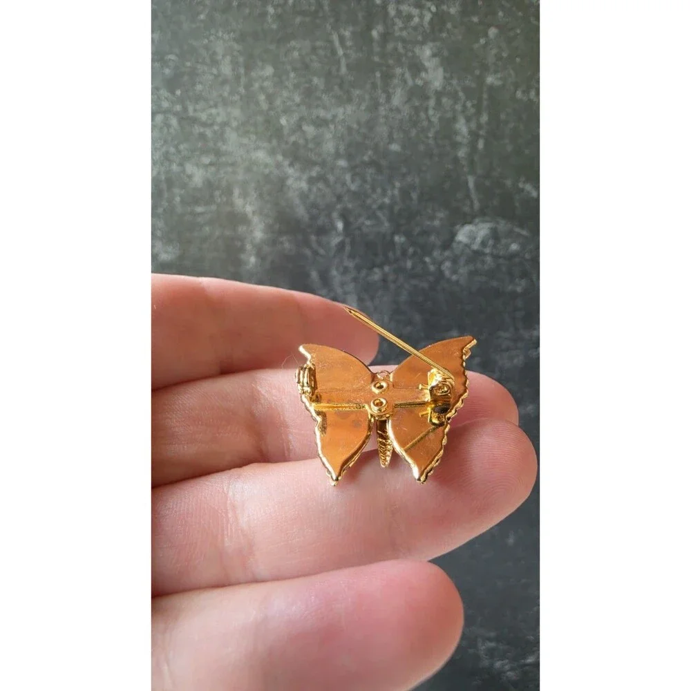 Black And Gold Tone Metal Butterfly Brooch Vintage Costume Jewelry